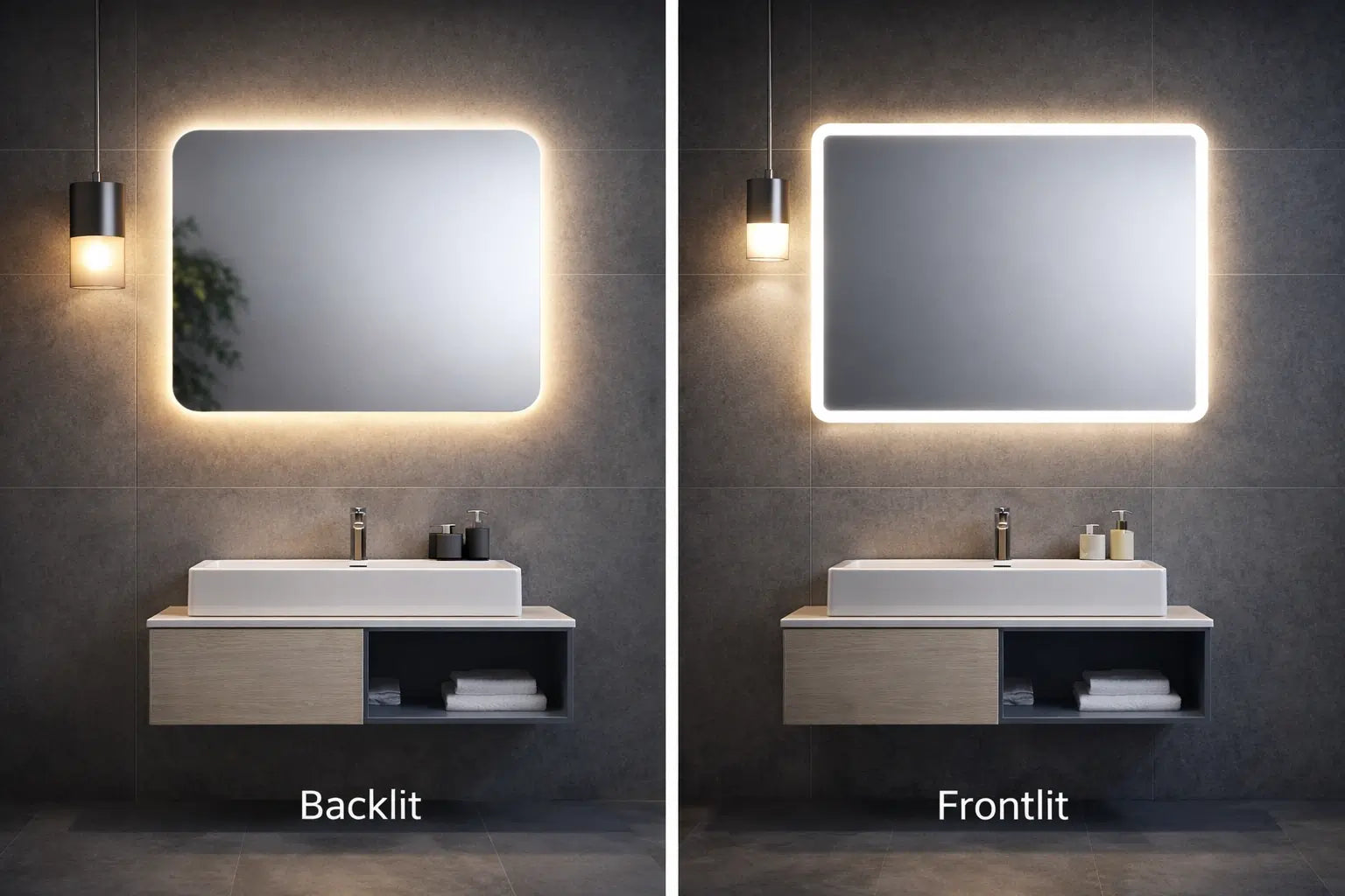 Side-by-side comparison of frontlit vs backlit LED mirrors in a modern bathroom, showing direct face lighting vs soft halo glow