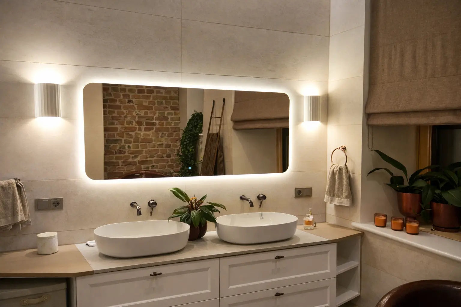 Modern bathroom with a wide rectangular LED mirror above a double sink vanity
