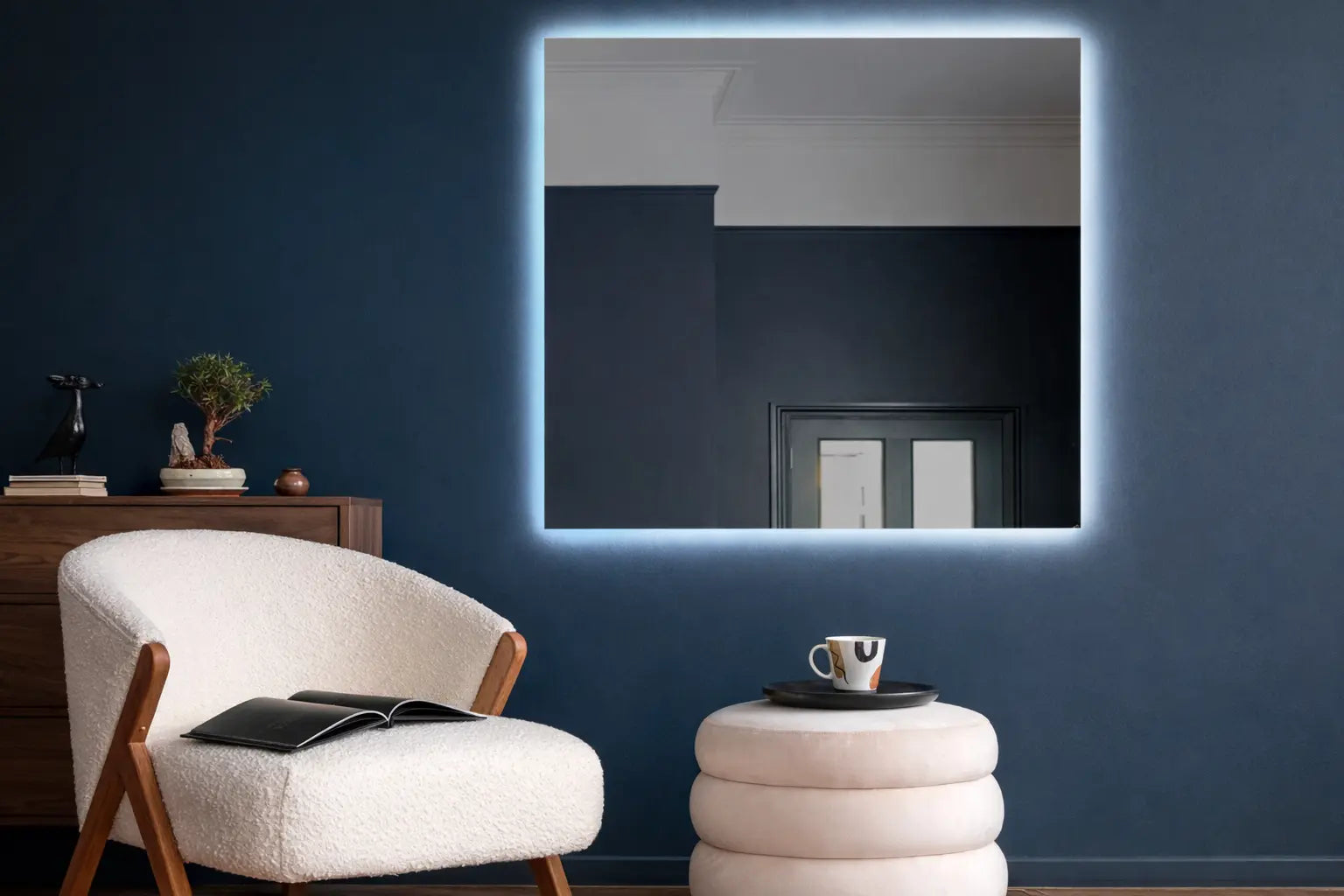LED mirror design ideas in a modern bathroom interior with soft ambient lighting