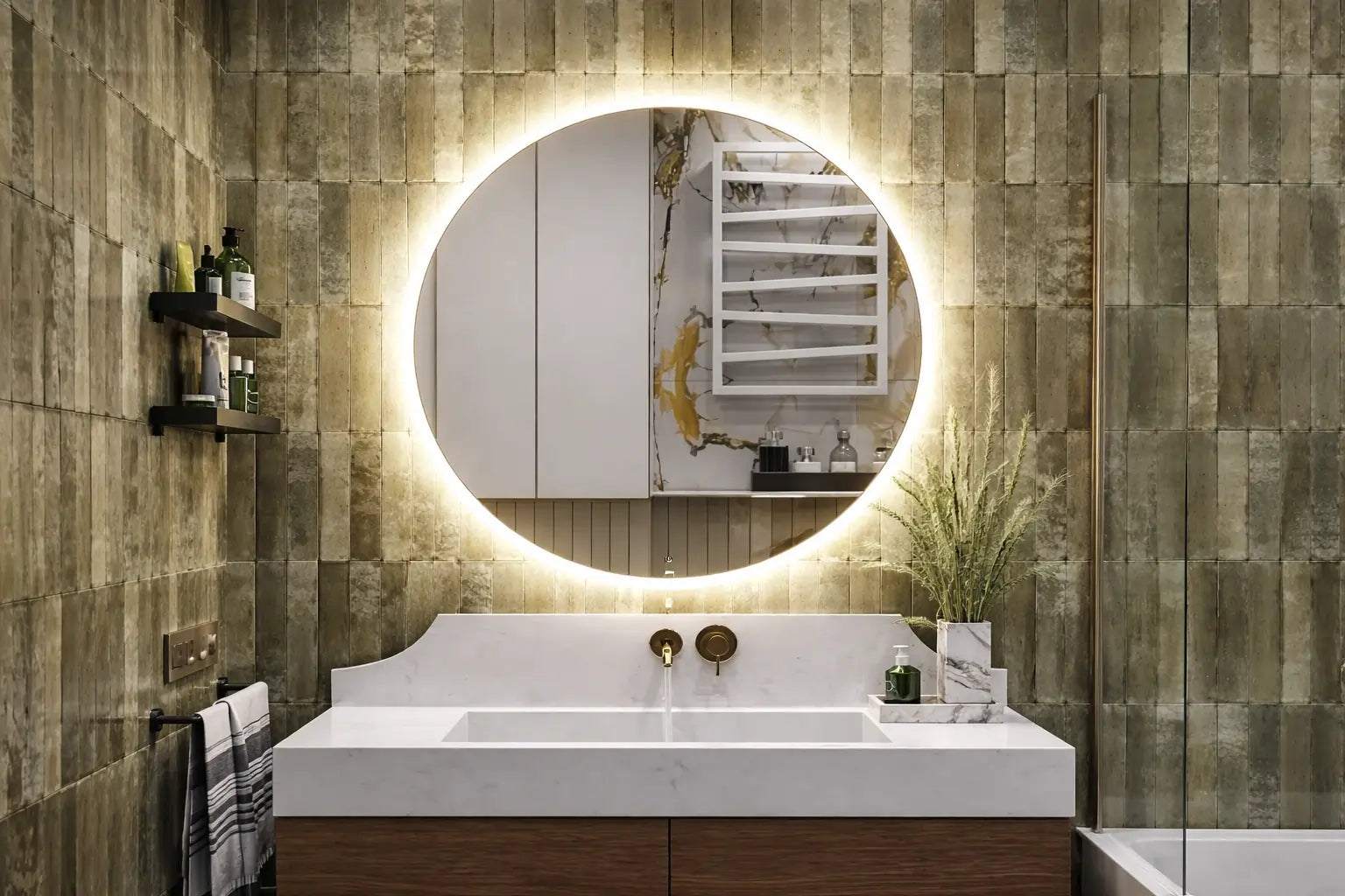 LED mirror sized to match a bathroom vanity width for a balanced, modern look