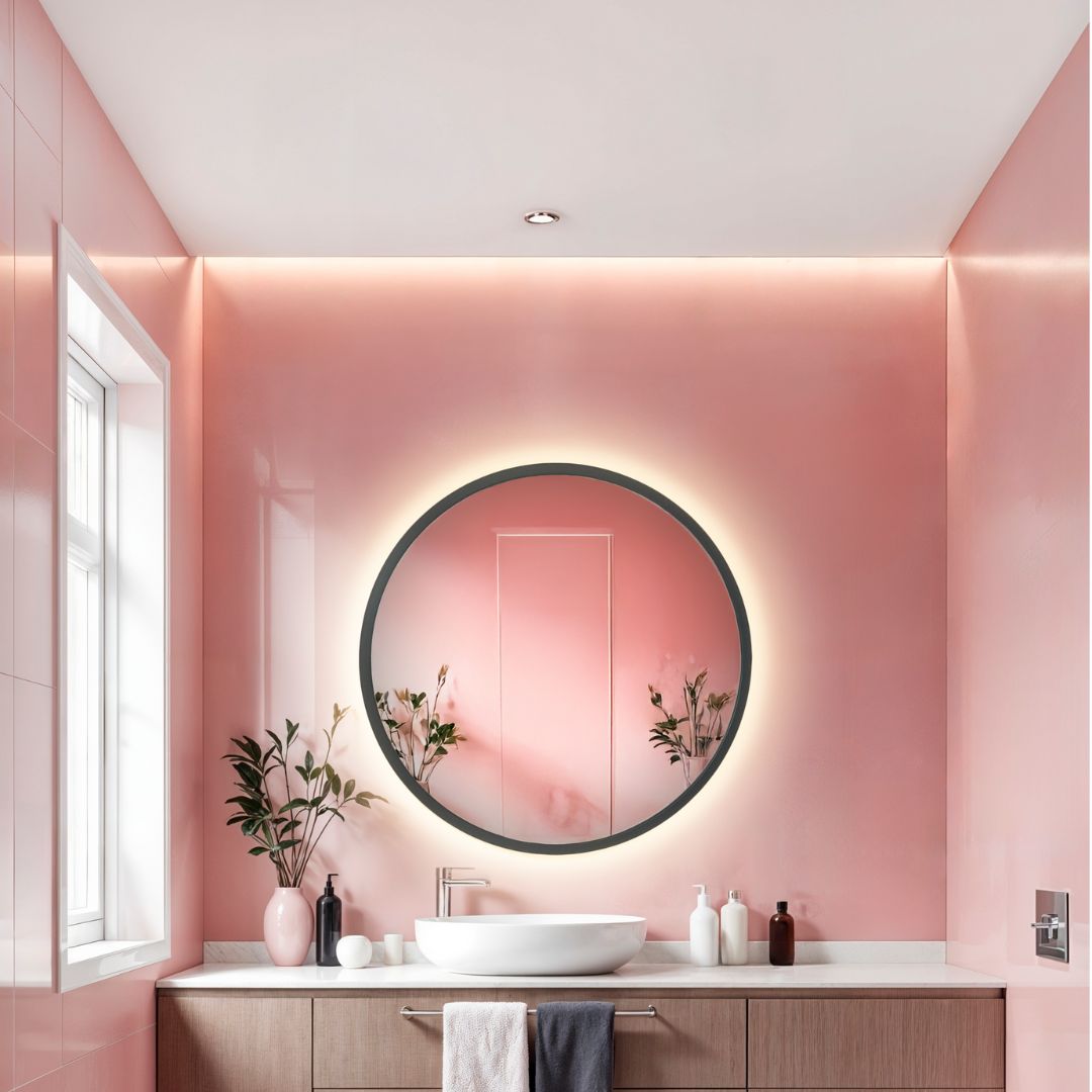 Round black fremed mirror with rear lighting Ø 600mm