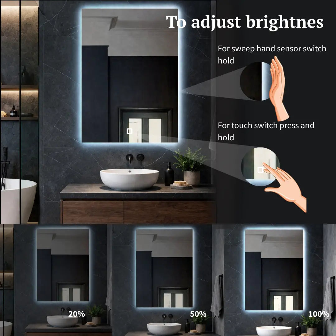 Bathroom vanity with a large illuminated mirror showing brightness adjustment options.