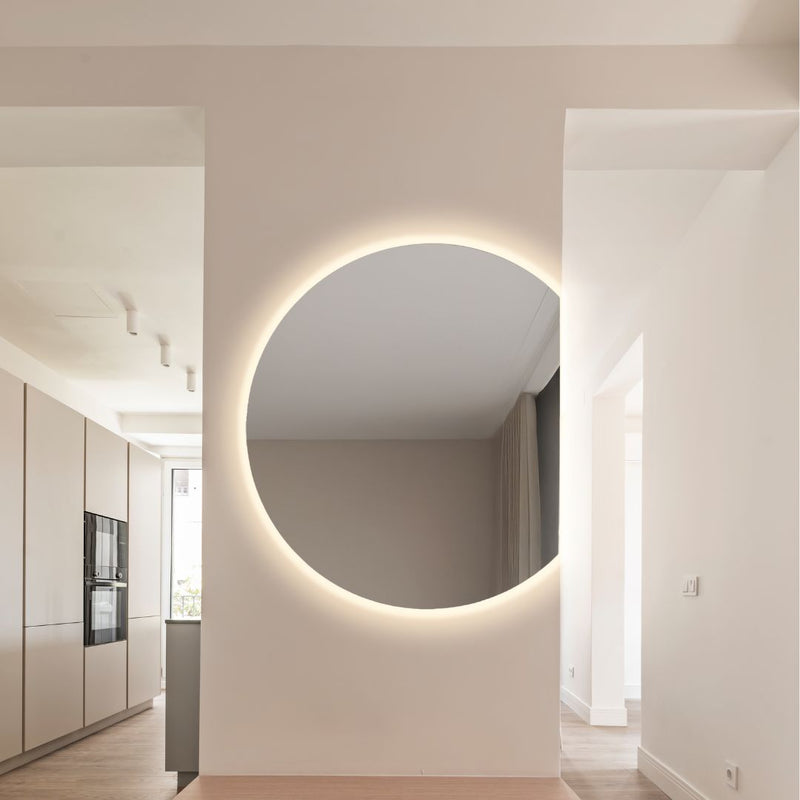 Semicircle cut 3/4 mirror with rear lighting in hallway