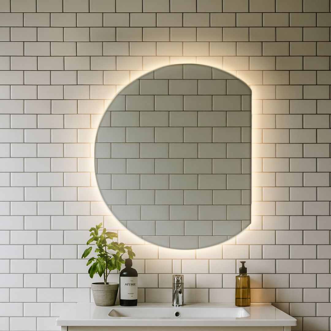 Semicircle cut 3/4 mirror with rear lighting in bathroom