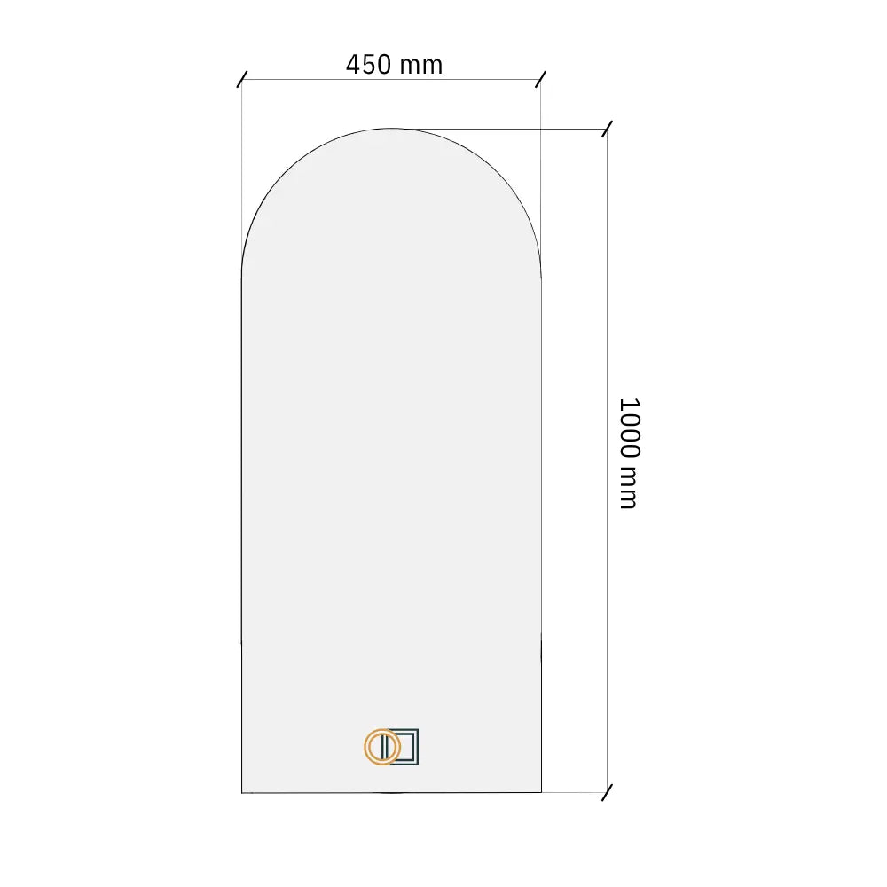 A simple line drawing showing the dimensions of a rounded-arch door or panel, labeled 450 mm wide and 1000 mm tall, on a white background.