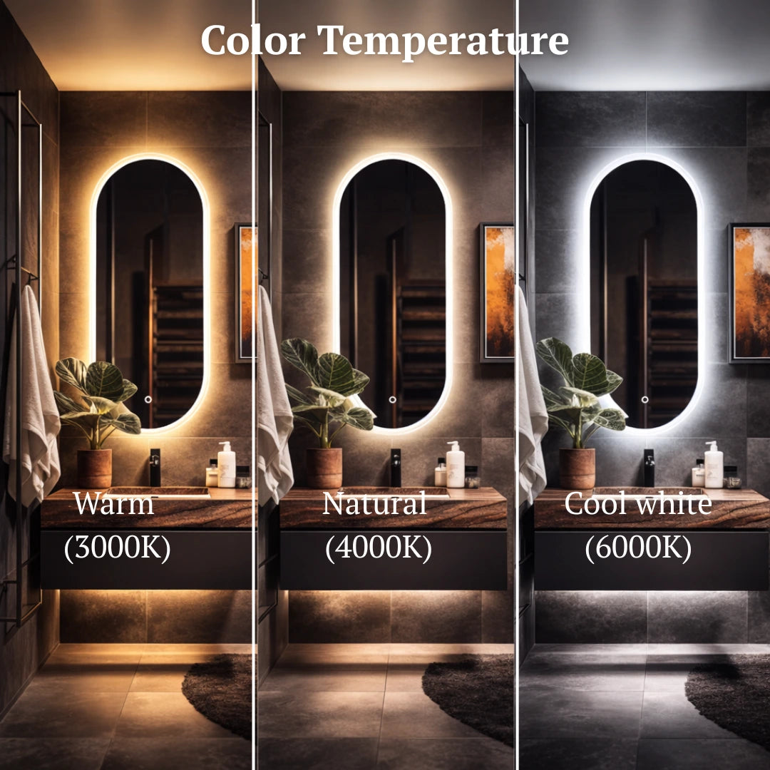 Bathroom vanity scene with three different light settings labeled 'Warm', 'Natural', and 'Cool white'.