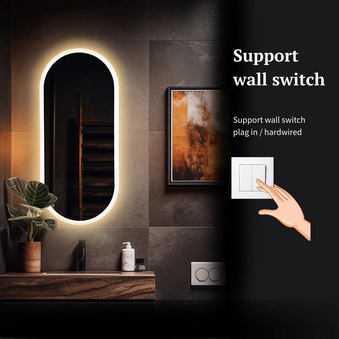 Bathroom with a illuminated mirror and wall switch illustration.