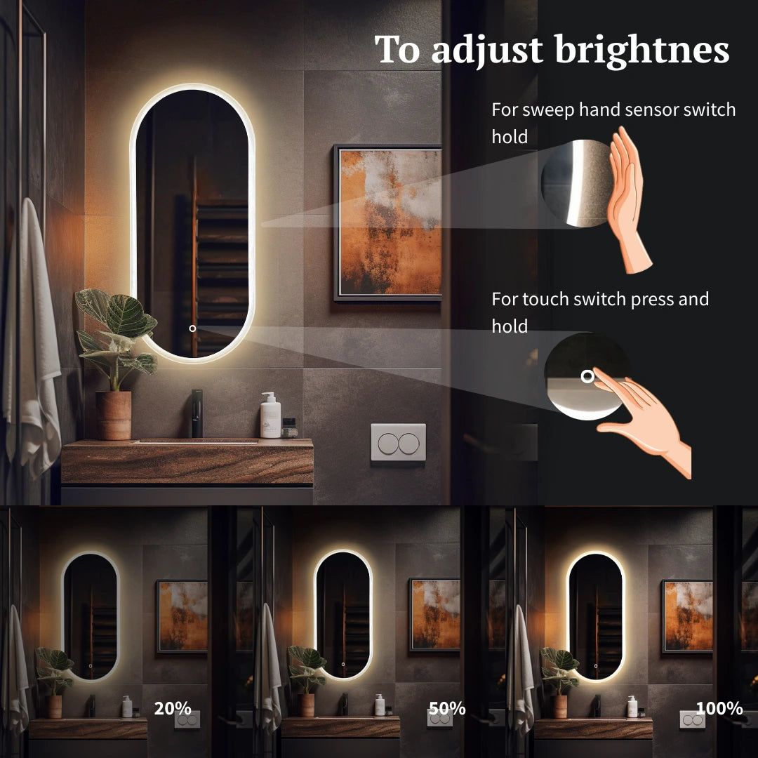 Bathroom with a lighted mirror and instructions on adjusting brightness.