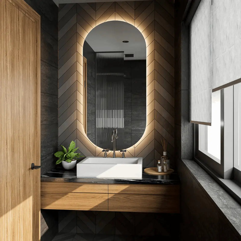 Pill oval LED mirror with rear lighting