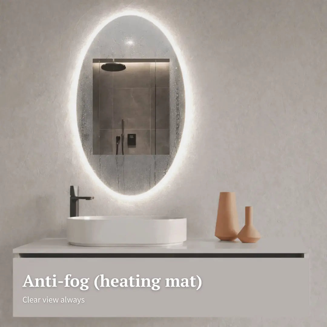 Bathroom vanity with illuminated mirror and anti-fog text overlay