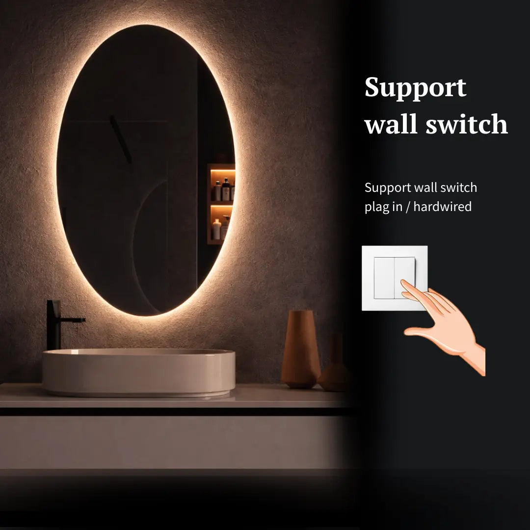 Bathroom setting with a round illuminated mirror and a wall switch illustration.