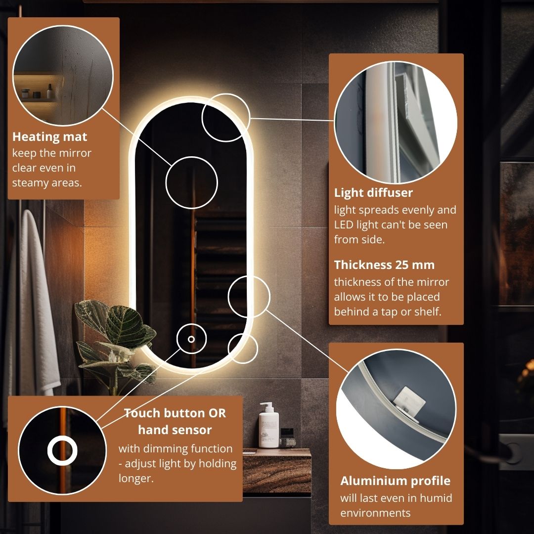 Pill oval LED mirror with front lighting 315-700mm