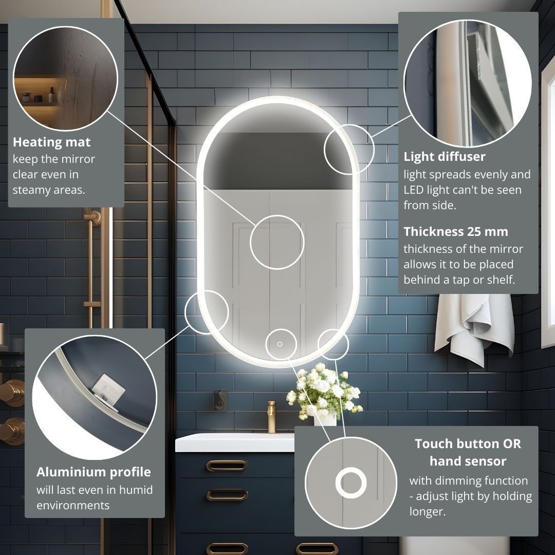 Pill oval LED mirror with front lighting 420x700mm