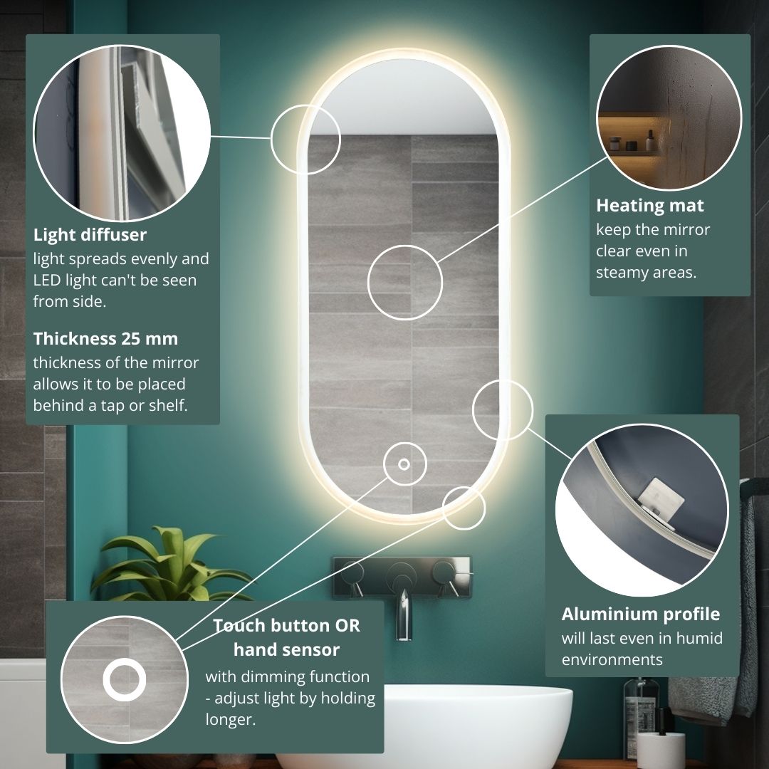 Pill oval LED mirror with front lighting 450x1000mm