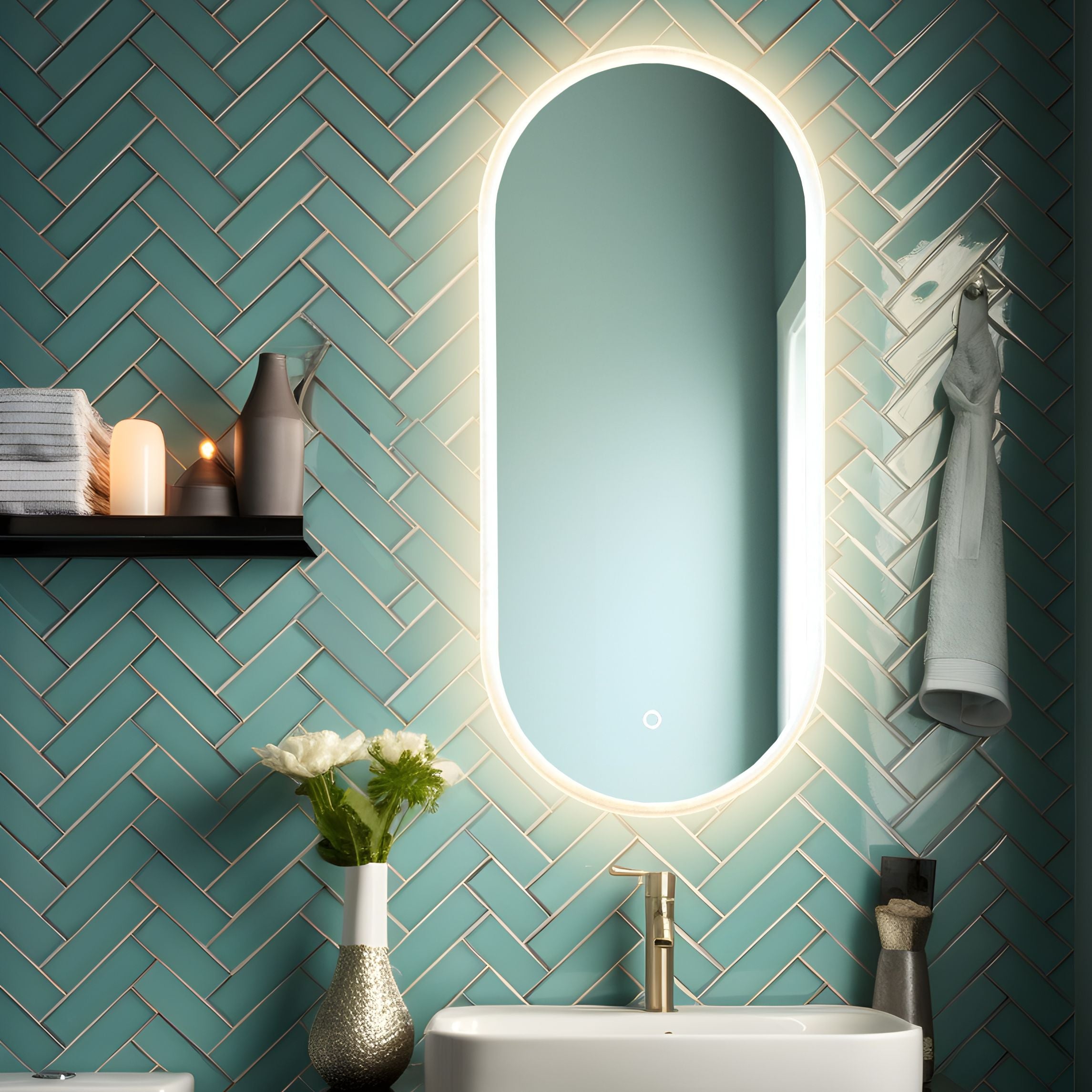 Pill oval LED mirror with front lighting 450x1000mm in bathroom