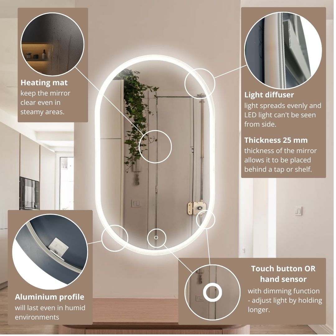 Pill oval LED mirror with front lighting 600x1000mm