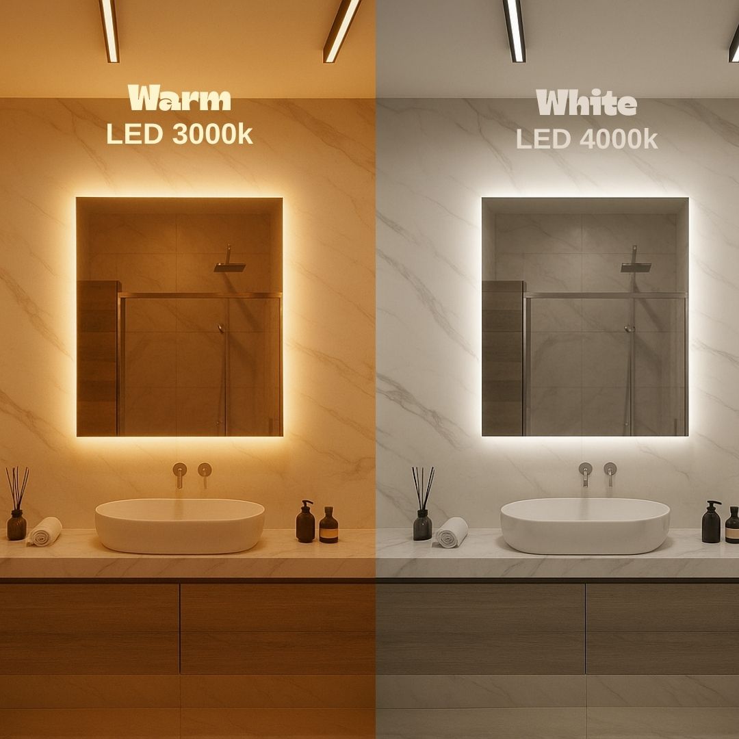 Rectangle LED mirrors with rear lighting 500-700mm led warm vs led white
