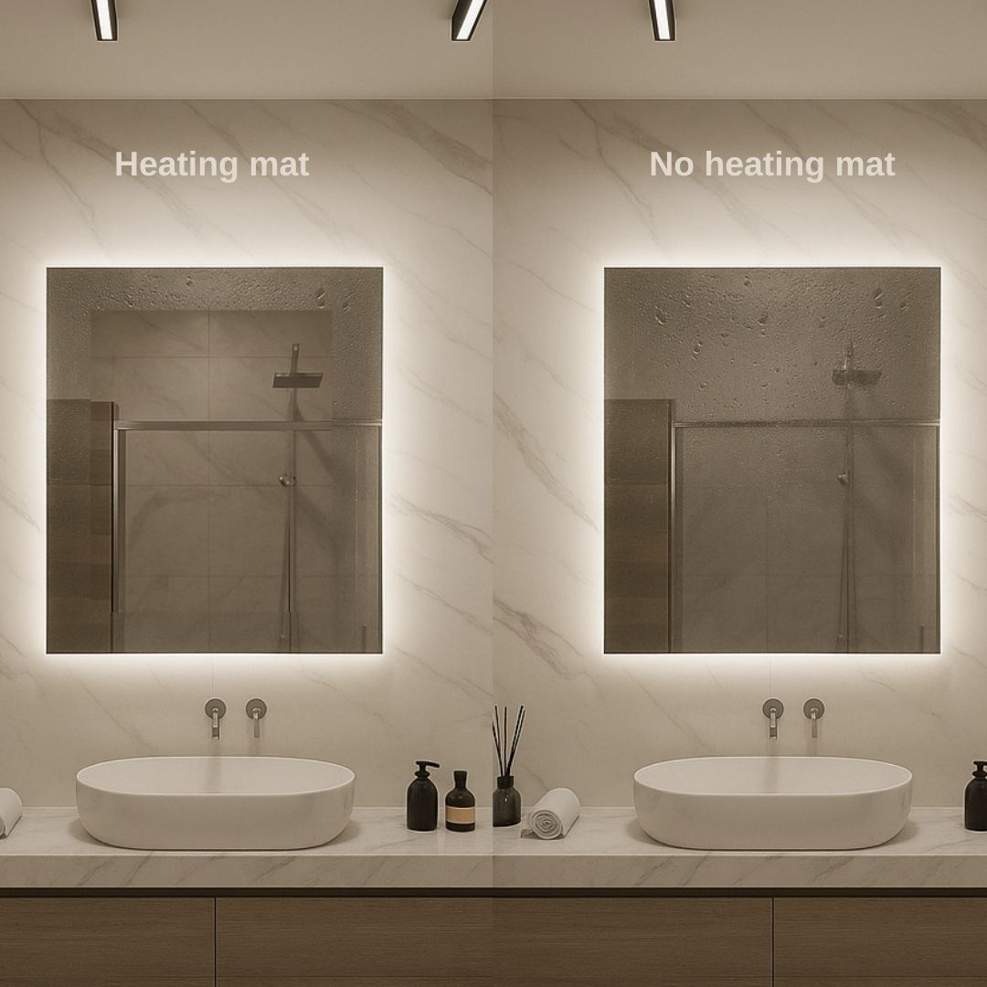 Rectangle LED mirrors with rear lighting 500-700mm heating mat vs no heating mat