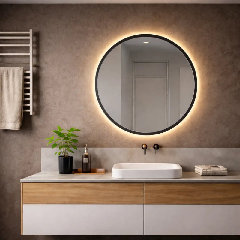 round black framed led mirror with light