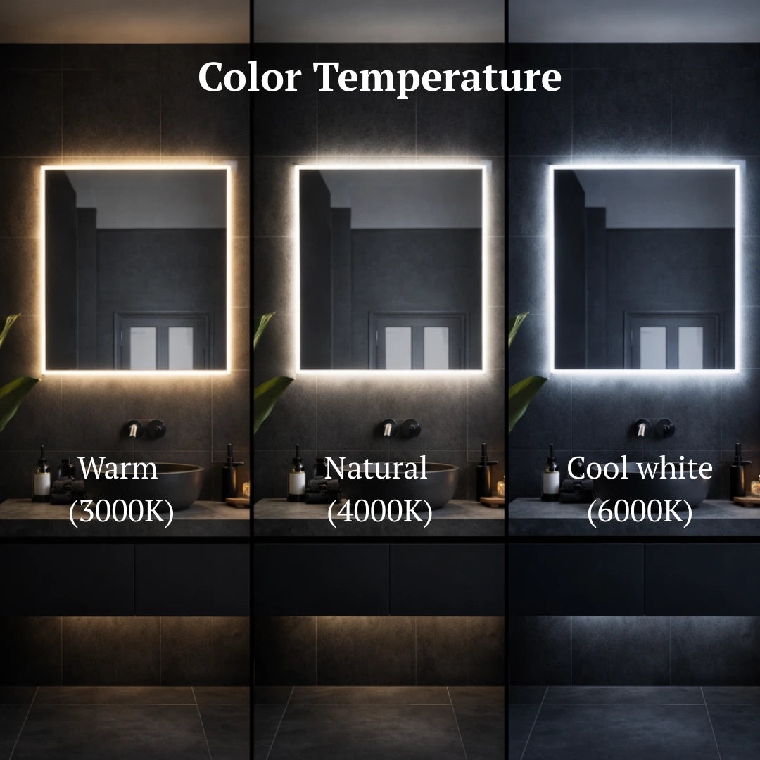 Square LED mirrors with rear lighting color temperature