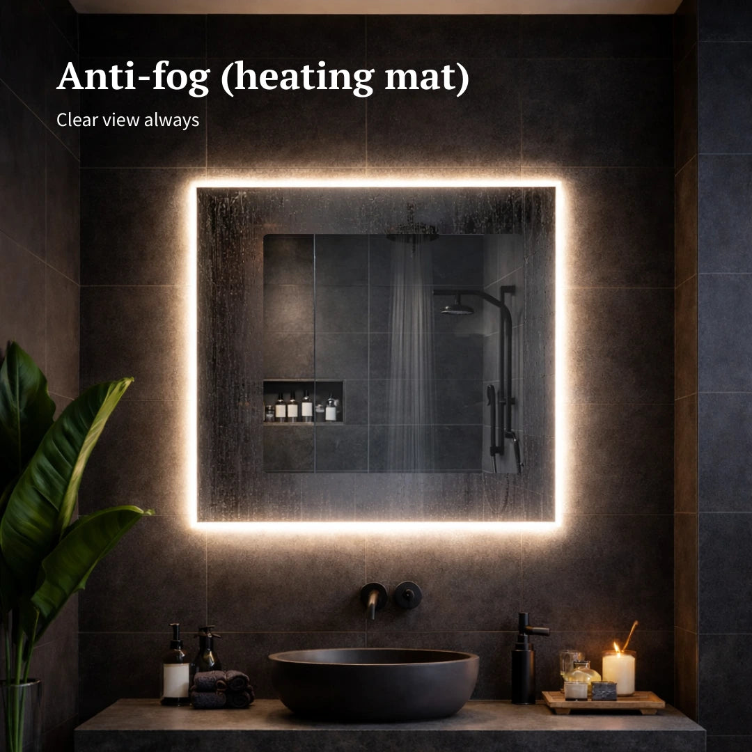 Square LED mirrors with rear lighting heating mat