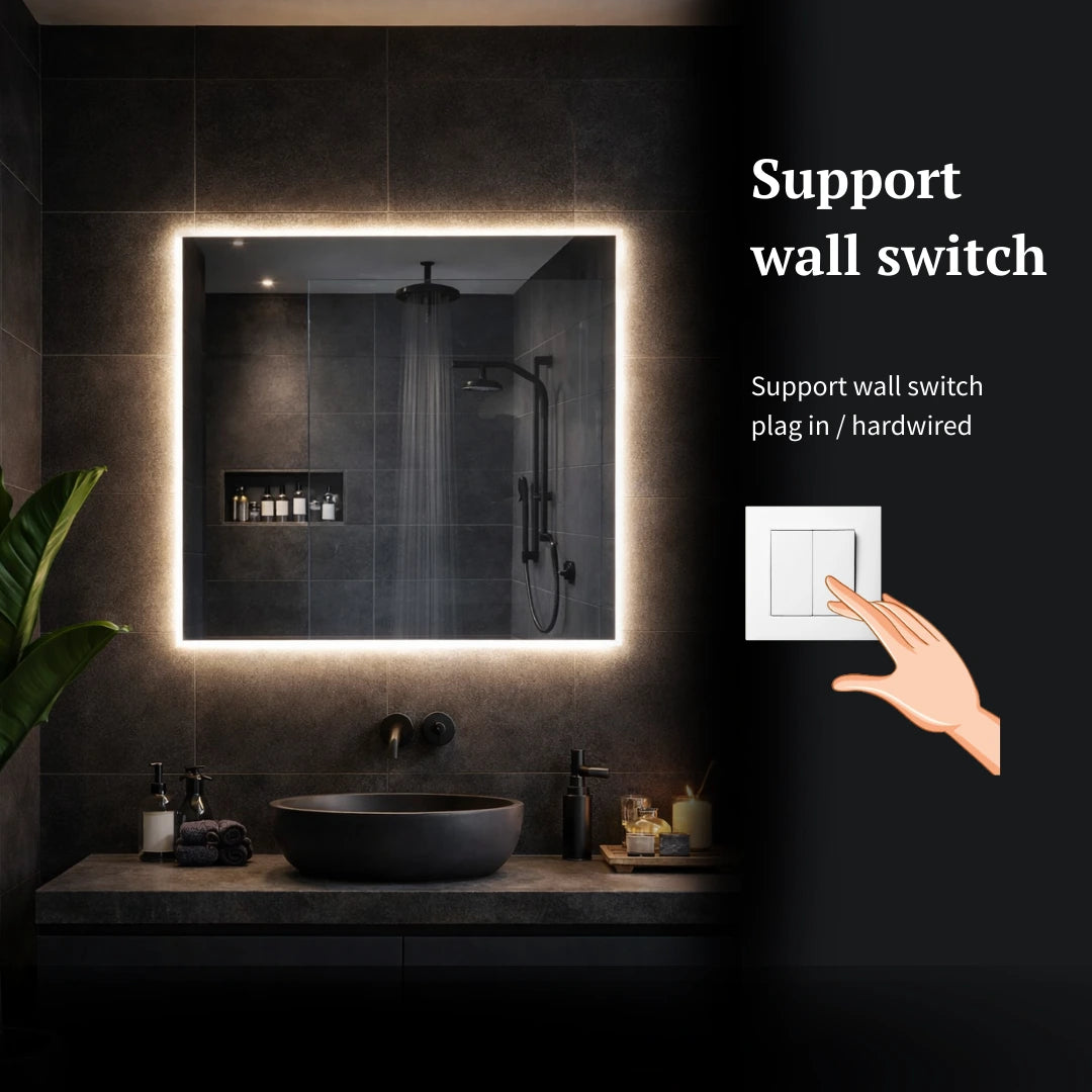 Square LED mirrors with rear lighting wall switch