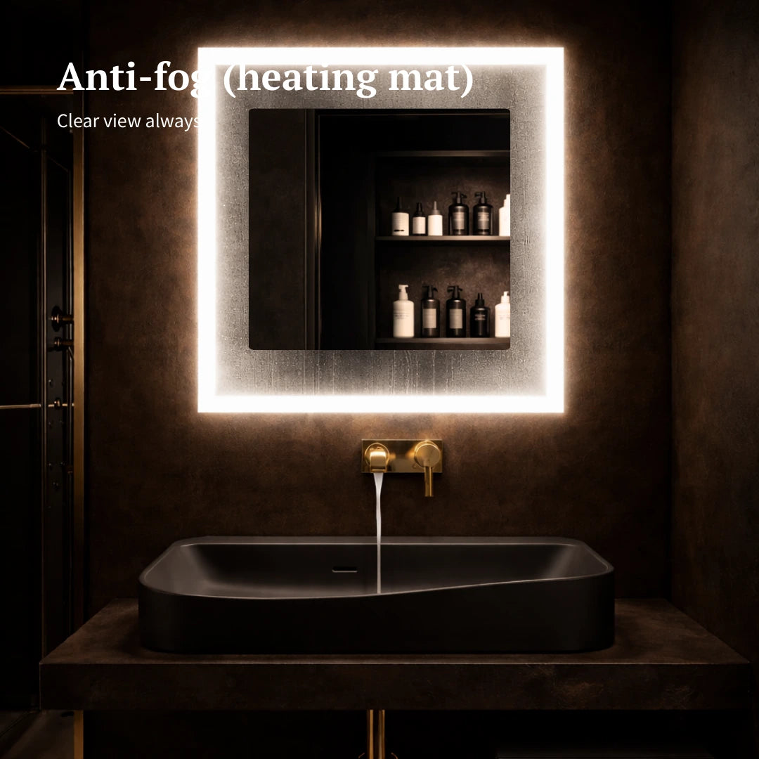 Square led mirror with frontlit heating mat