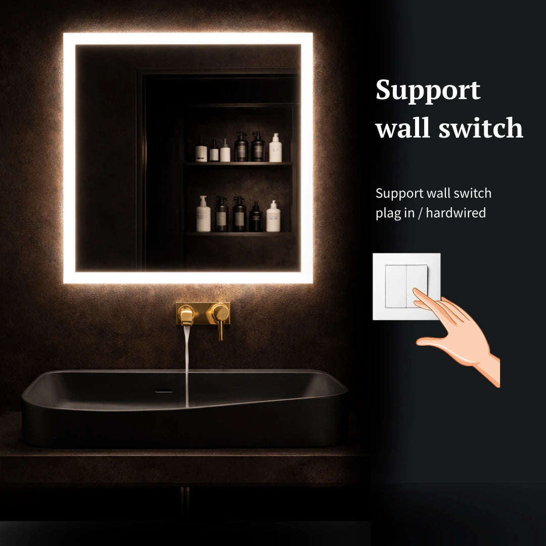 Square led mirror with frontlit wall switch