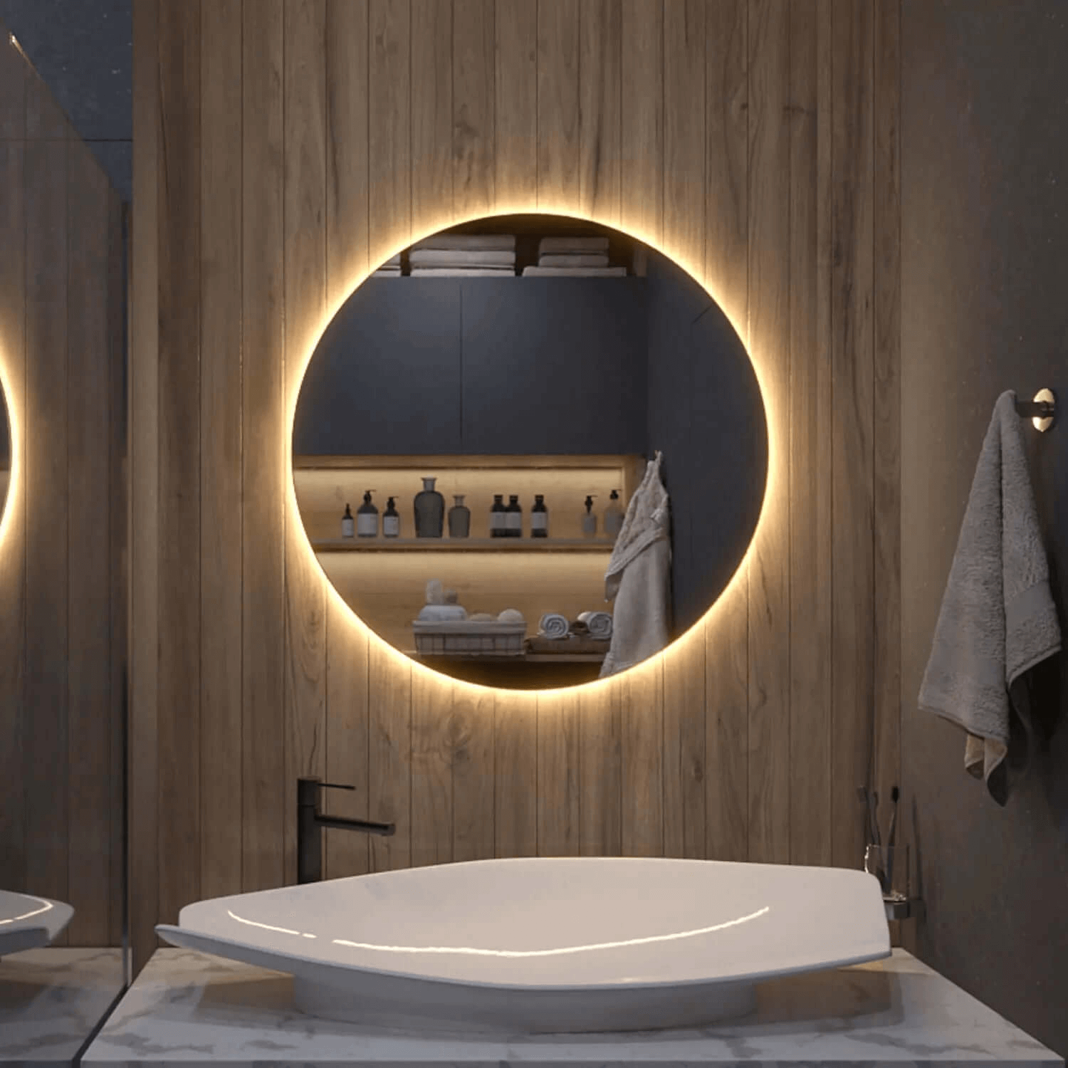 Round LED mirror with rear lighting