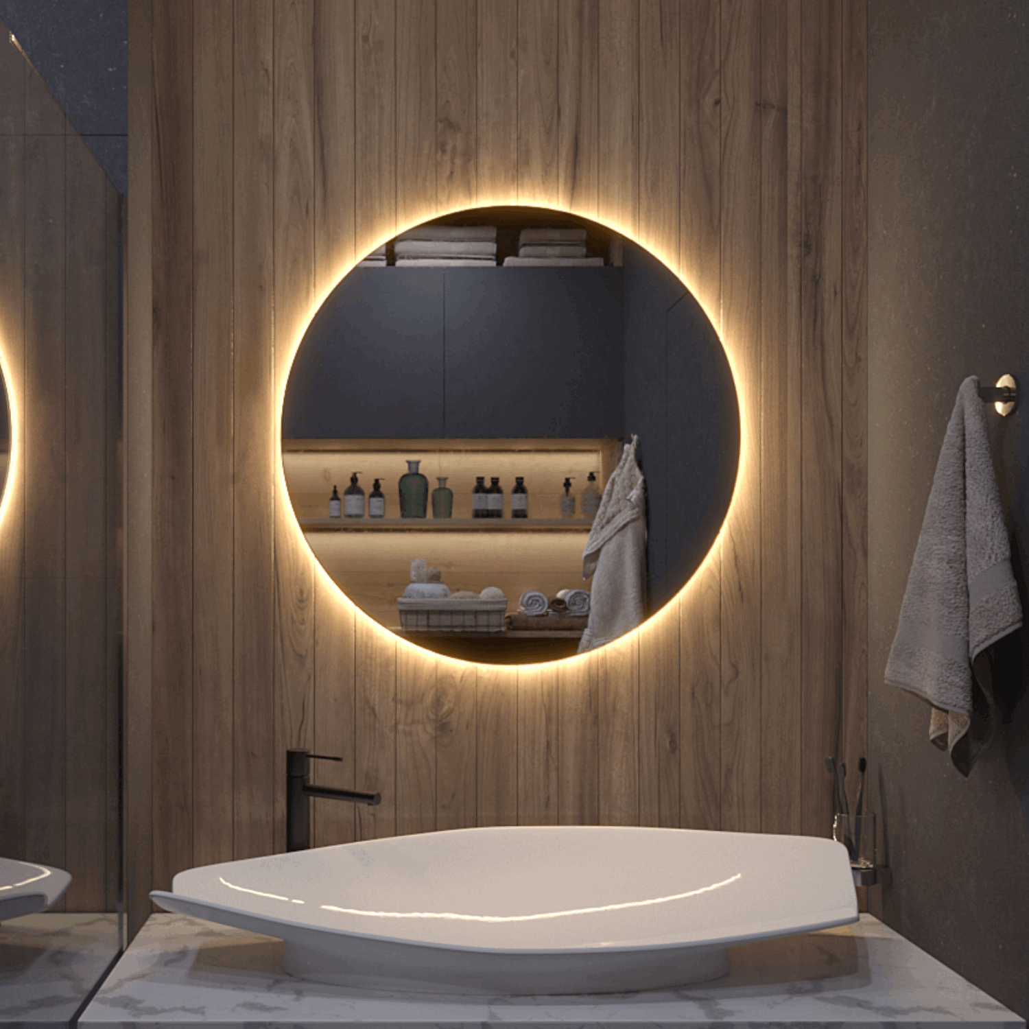Round LED mirror with rear lighting