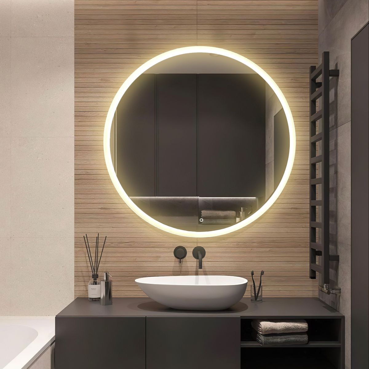 Round LED mirror with front lighting Ø 900mm in bathroom