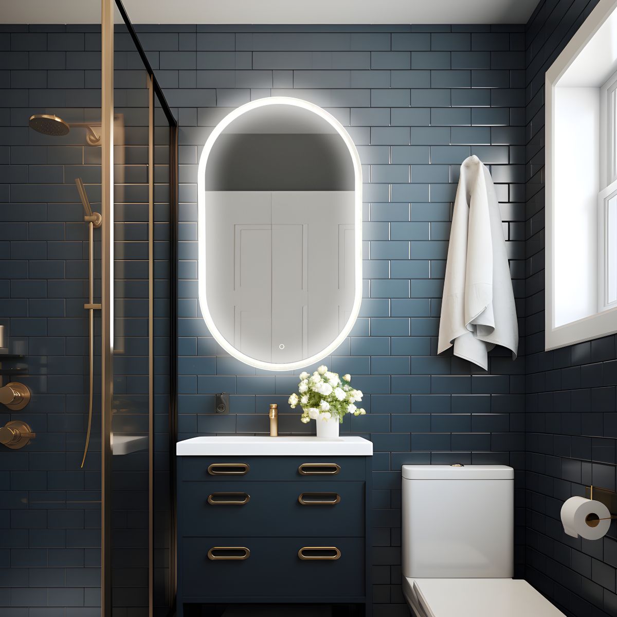 Pill oval LED mirror with front lighting 420x700mm in bathroom