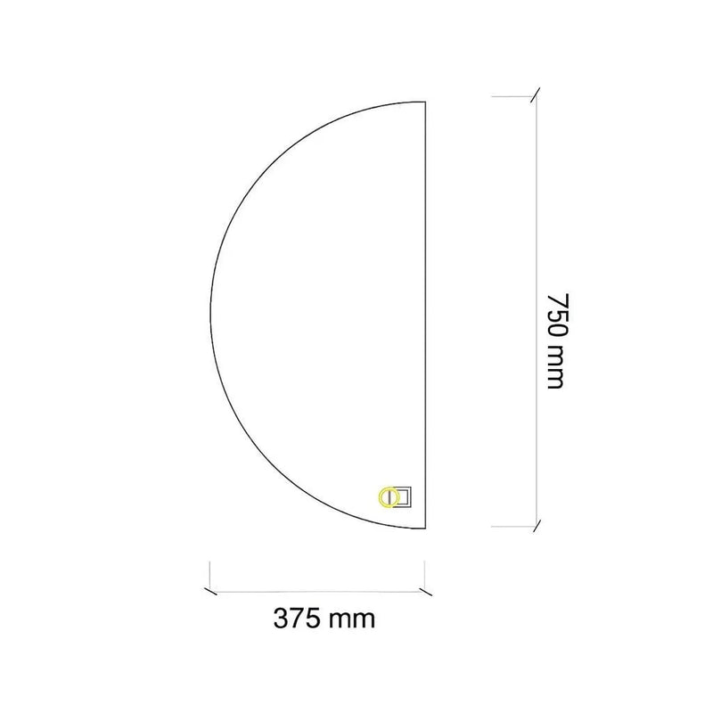 Drawing of a semicircular mirror with dimensions