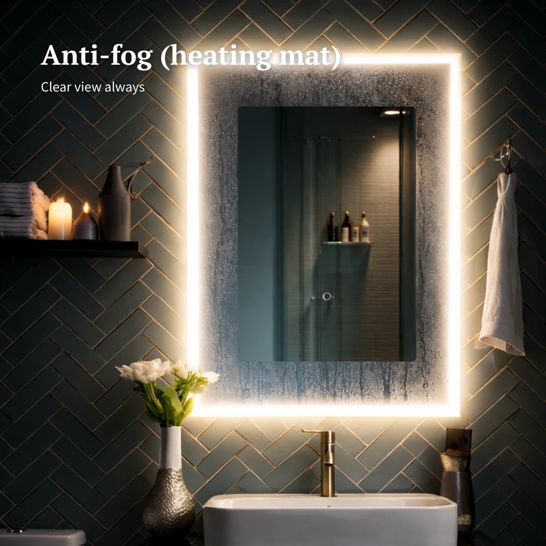Bathroom with a heated mirror displaying anti-fog feature text