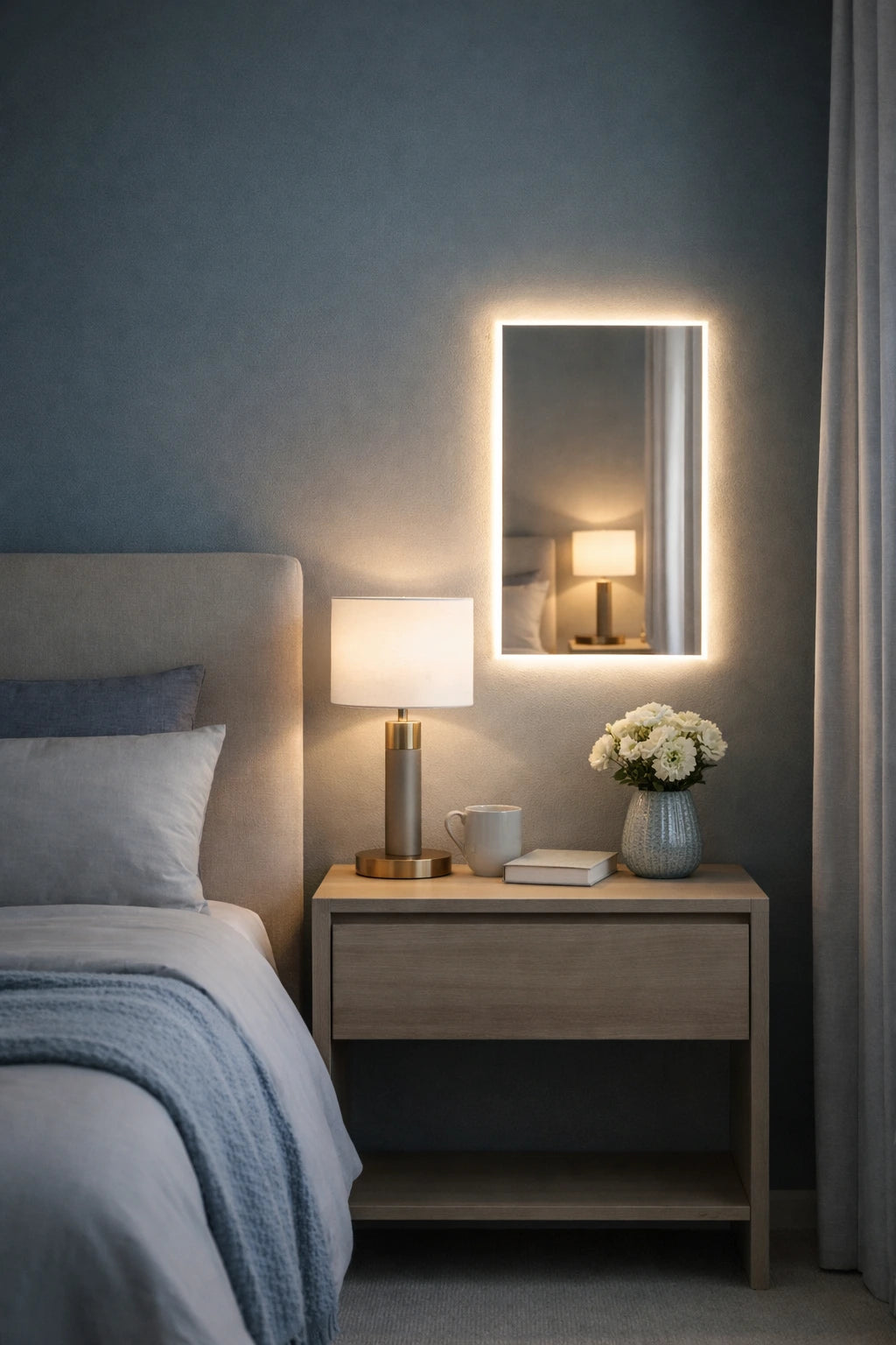 Modern bedroom with a nightstand, mirror, and decorative items.