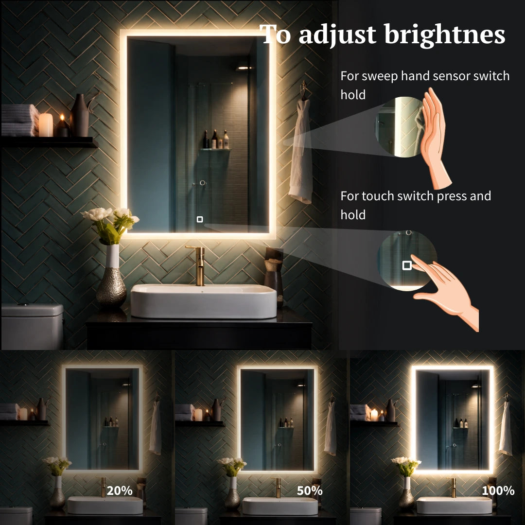 Bathroom vanity with a illuminated mirror, showing brightness adjustment options.