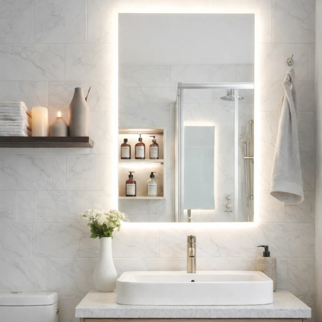 Modern bathroom with illuminated mirror, sink, and shelves.
