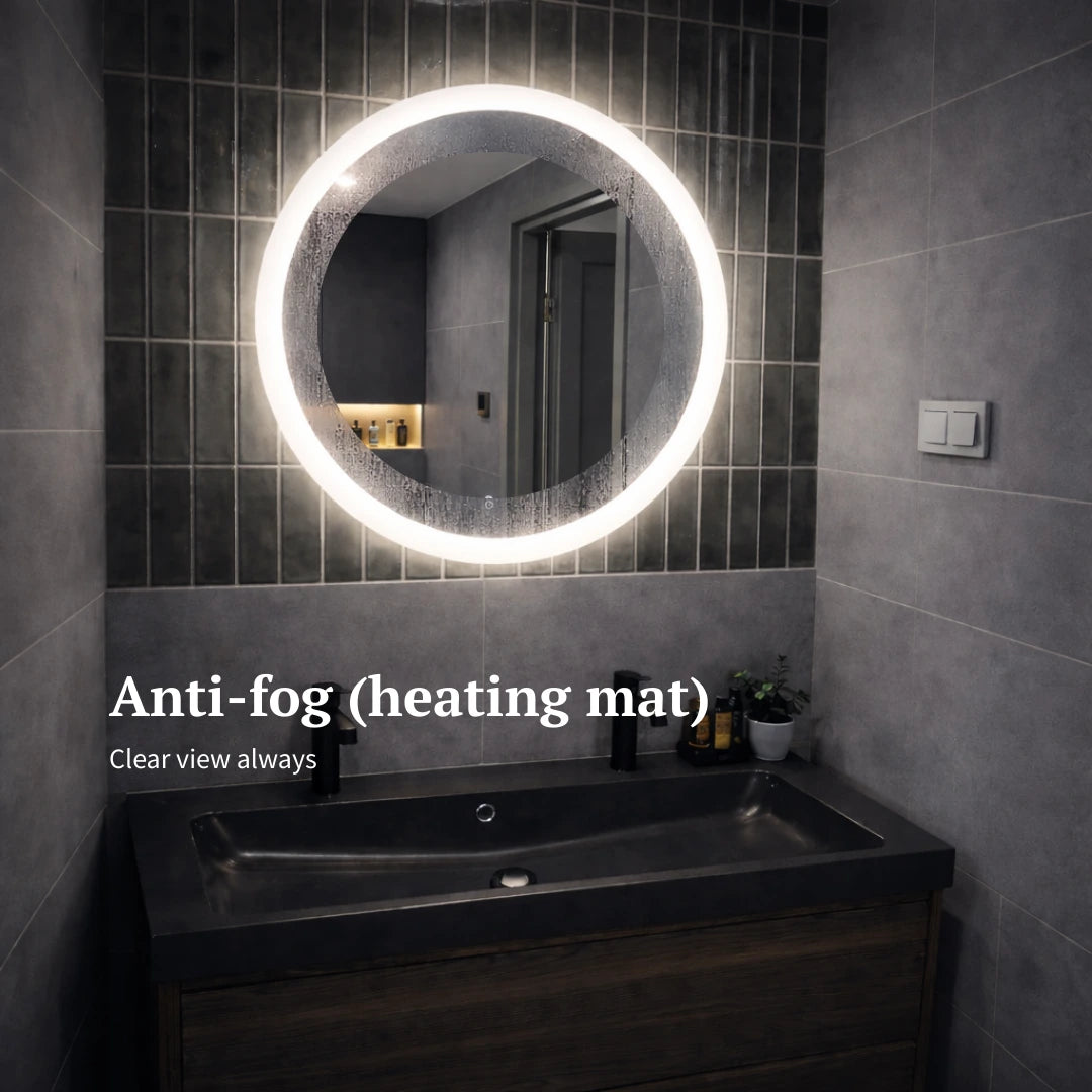 round led mirror with front light heating mat