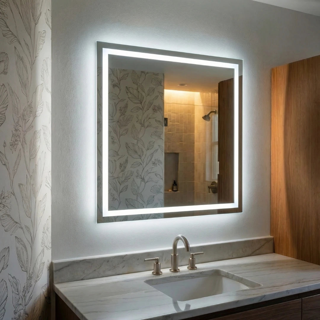 square vanity mirror in bathroom