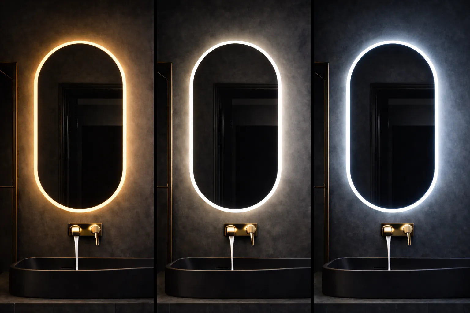 Pill oval LED mirrors showing warm, neutral, and cool color temperatures (3000K, 4000K, 6000K) for a bathroom lighting comparison