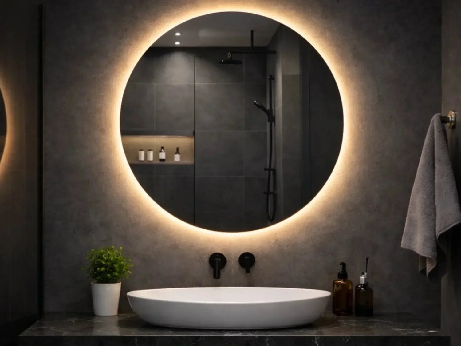 Round backlit LED mirror above a vanity in a small bathroom (mirror size guide)