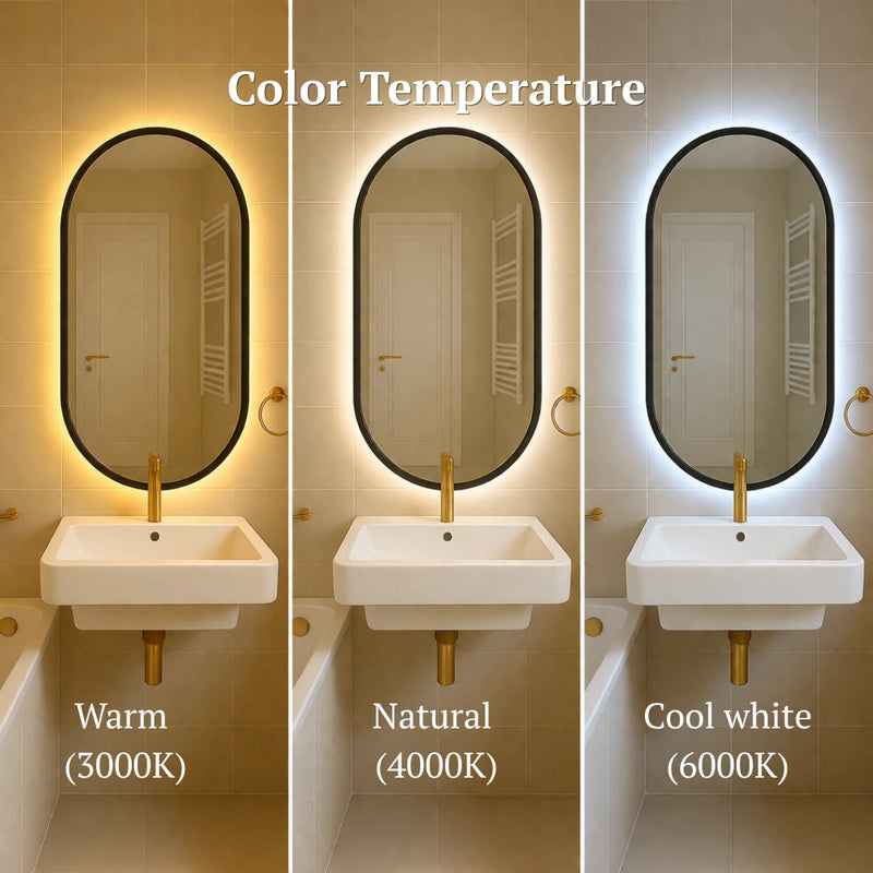 Three different color temperature settings of a bathroom mirror with light sources.