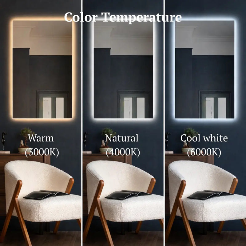 Three mirrors with different color temperatures displayed on a dark wall.