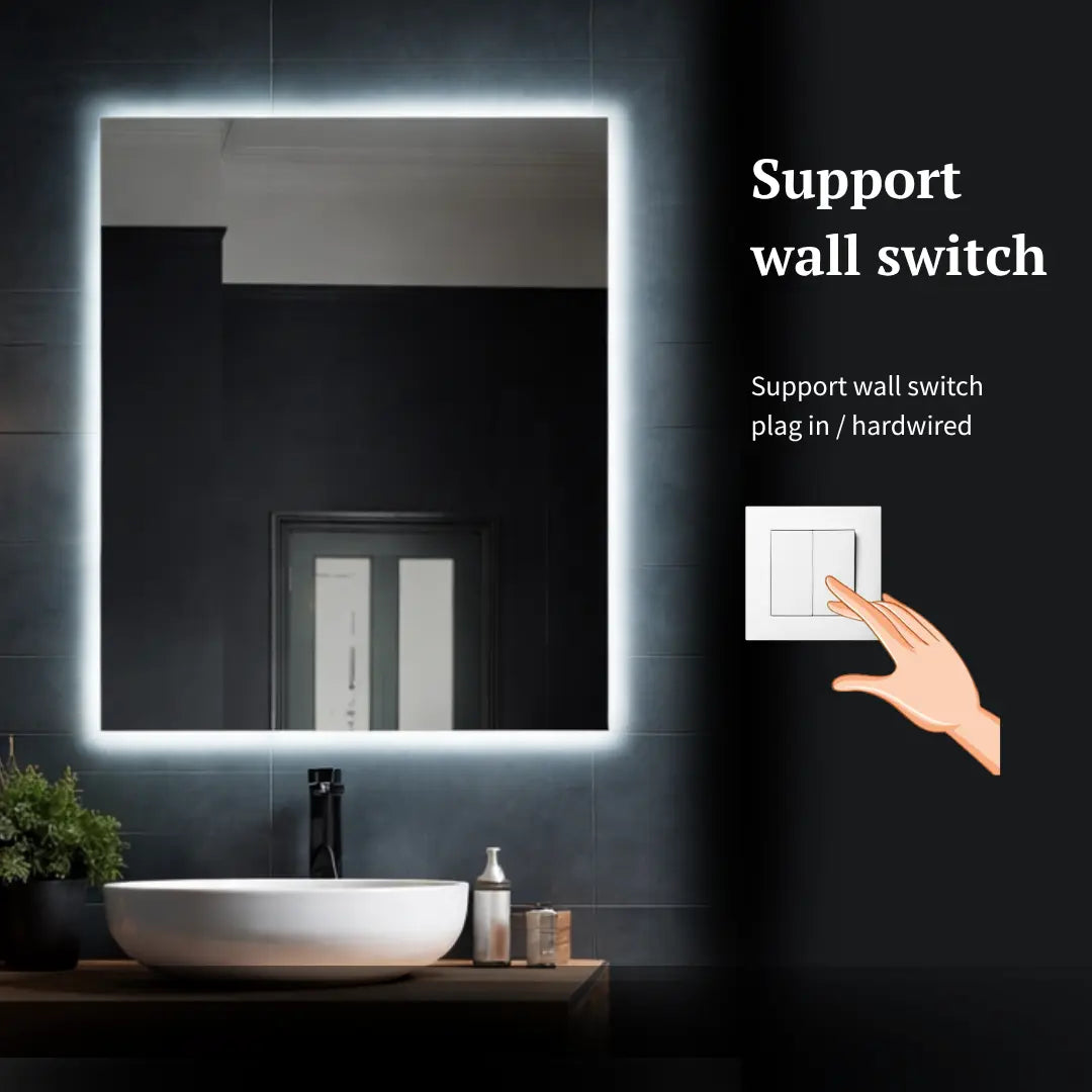 Bathroom setting with a illuminated mirror and wall switch illustration.