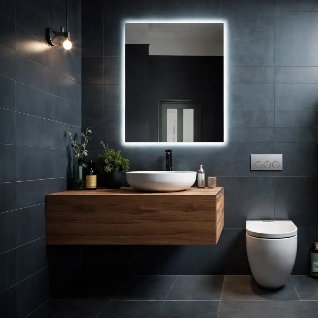 Modern bathroom with wooden vanity, illuminated mirror, and white toilet.