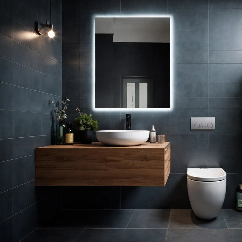 Modern bathroom with wooden vanity, illuminated mirror, and white toilet.