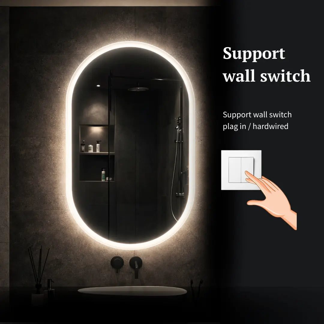 Bathroom mirror with LED lighting and a wall switch illustration.