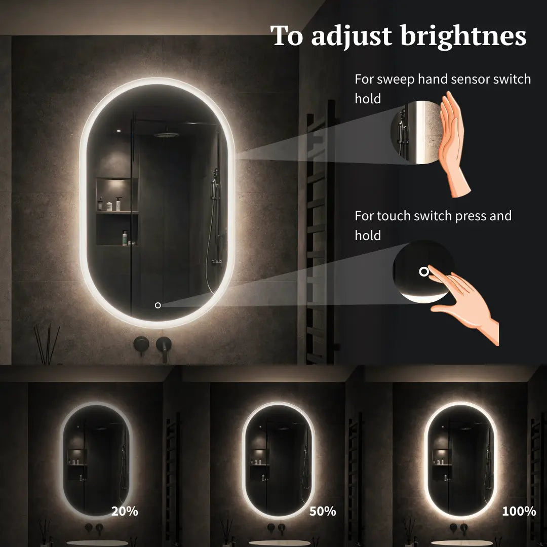 Bathroom mirror with LED lighting control panel and brightness adjustment demonstration.