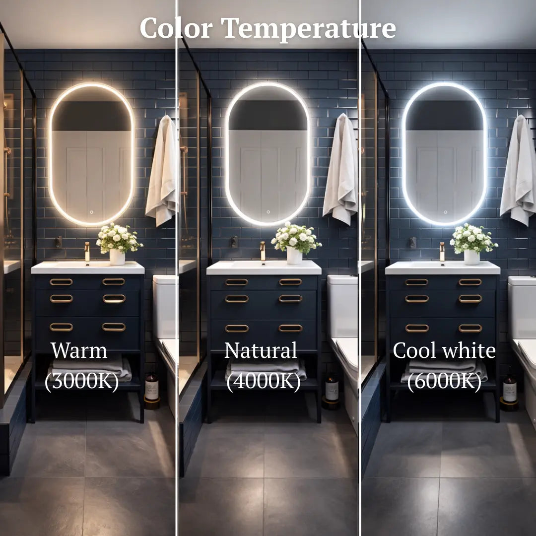 Bathroom vanity scene with three different light settings labeled 'Warm', 'Natural', and 'Cool white'.