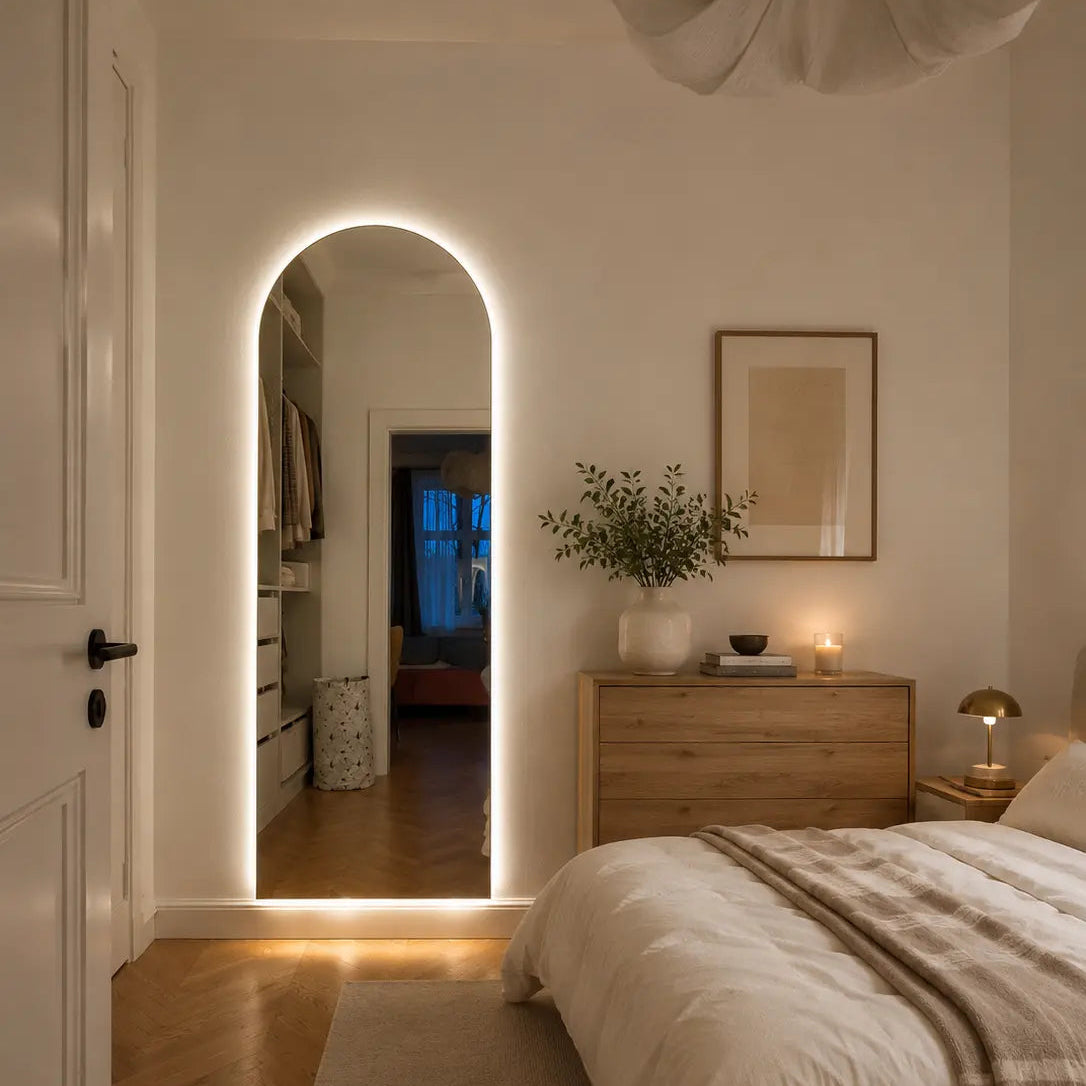 A modern bedroom interior featuring a large arched doorway with integrated warm white LED lighting, a light wood dresser with a vase of greenery and candles, a bed with neutral bedding, and a herringbone wood floor.